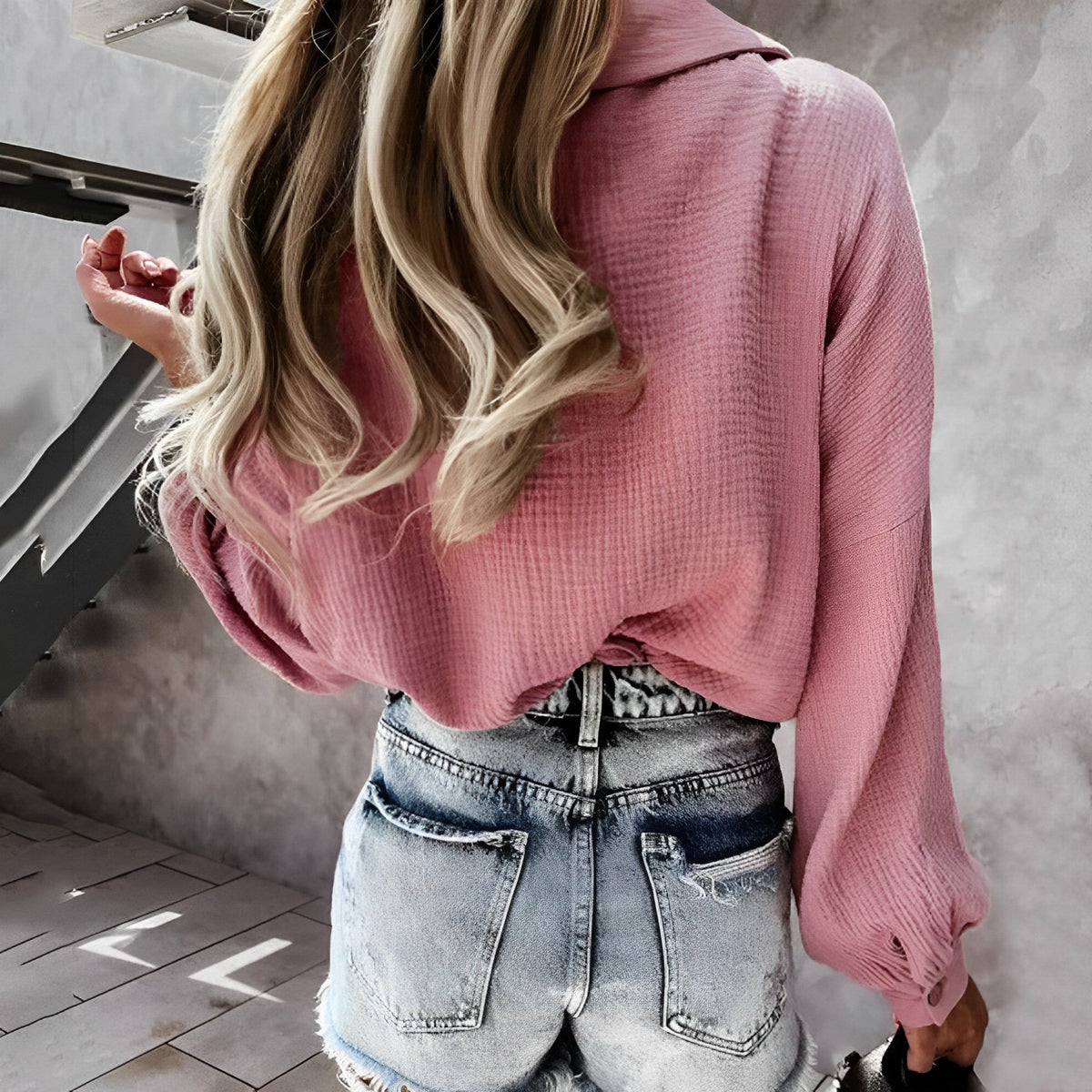 Womens Long Sleeve Blouse with Balloon Sleeves and Crinkle Texture