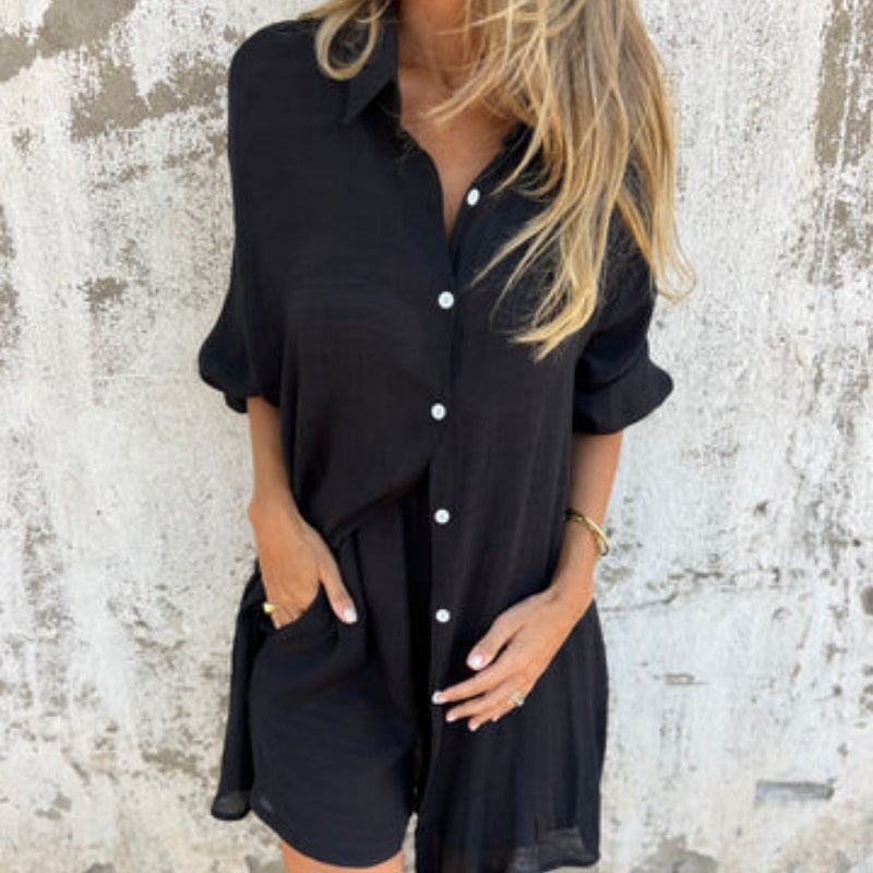 Womens Linen Shorts Set with Oversized Shirt and Long Sleeves