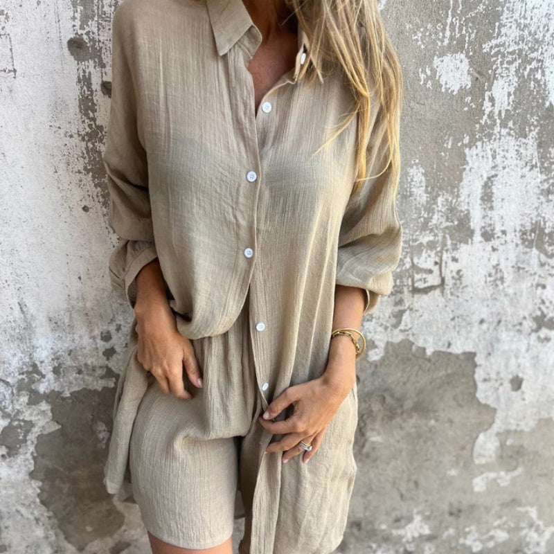 Womens Linen Shorts Set with Oversized Shirt and Long Sleeves