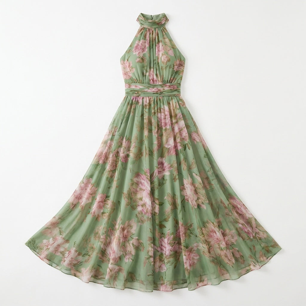 Womens Maxi Dress with Floral Print, Halter Neck and Gathered Waist