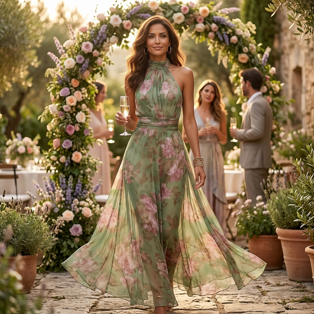 Womens Maxi Dress with Floral Print, Halter Neck and Gathered Waist