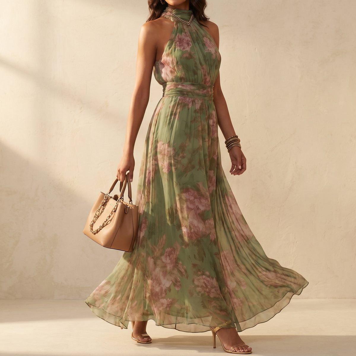 Womens Maxi Dress with Floral Print, Halter Neck and Gathered Waist