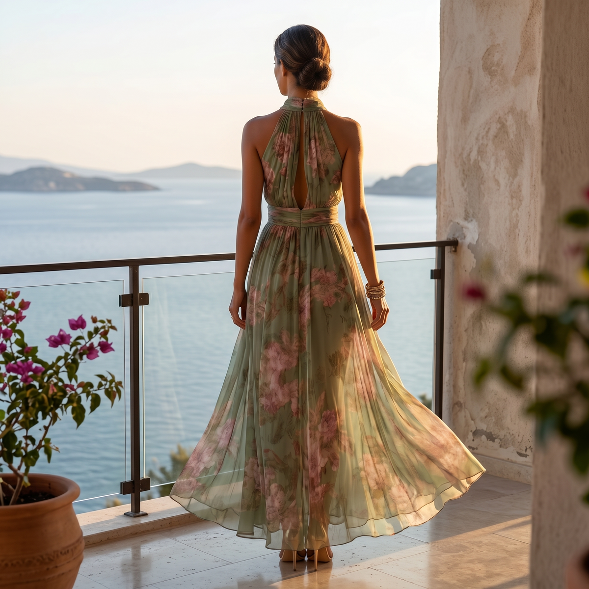 Womens Maxi Dress with Floral Print, Halter Neck and Gathered Waist