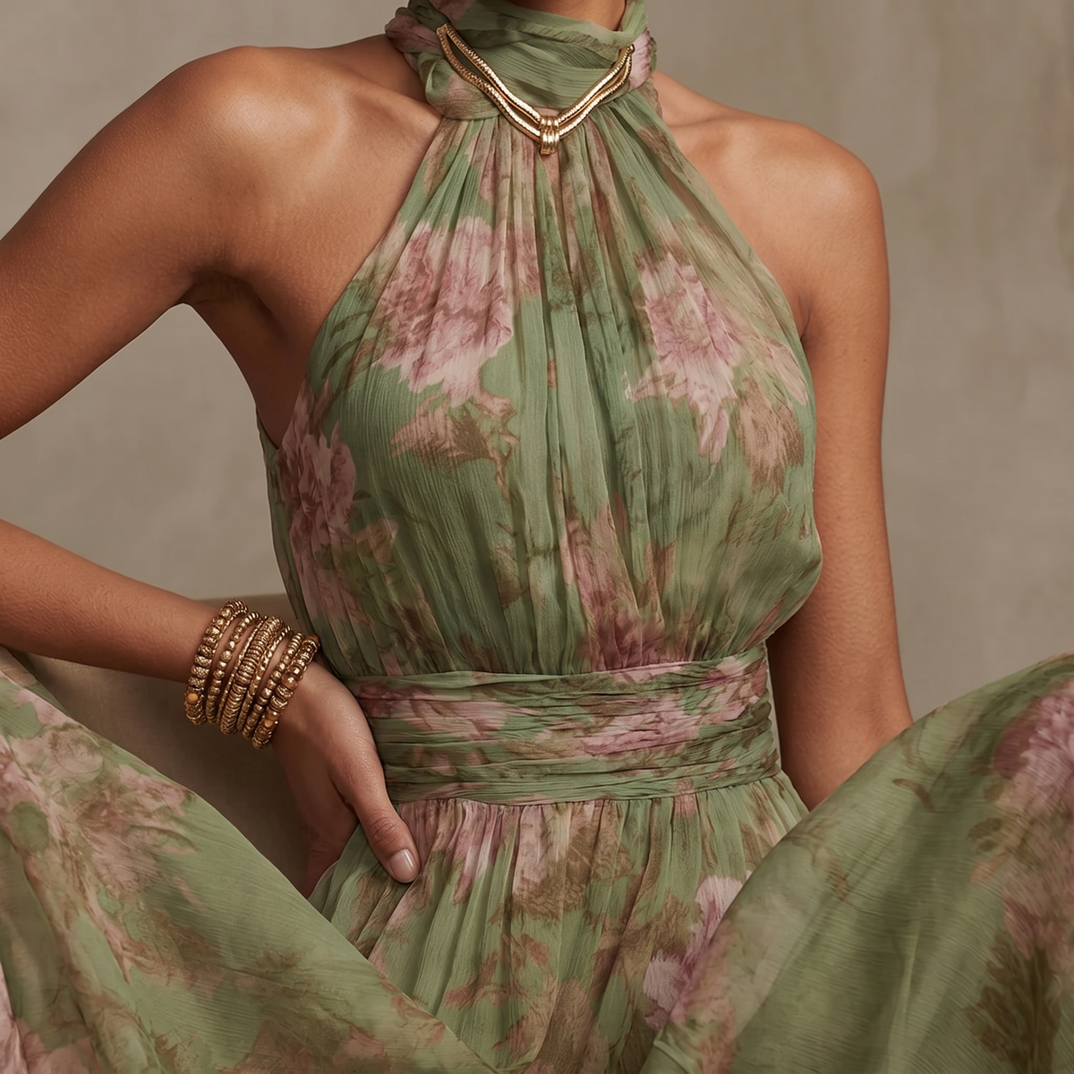 Womens Maxi Dress with Floral Print, Halter Neck and Gathered Waist