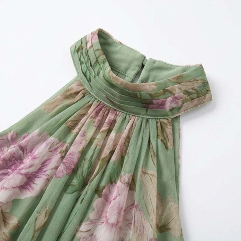 Womens Maxi Dress with Floral Print, Halter Neck and Gathered Waist
