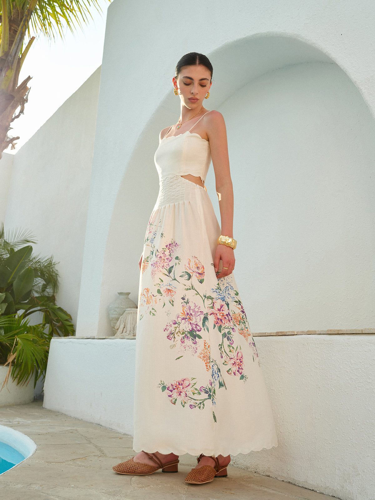 Womens Maxi Dress with Floral Print, Lace-Up Back and Scalloped Hem