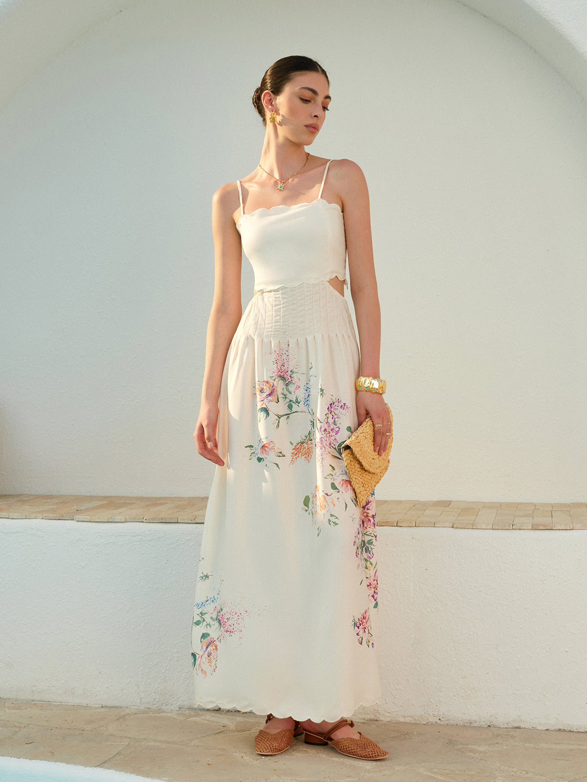 Womens Maxi Dress with Floral Print, Lace-Up Back and Scalloped Hem