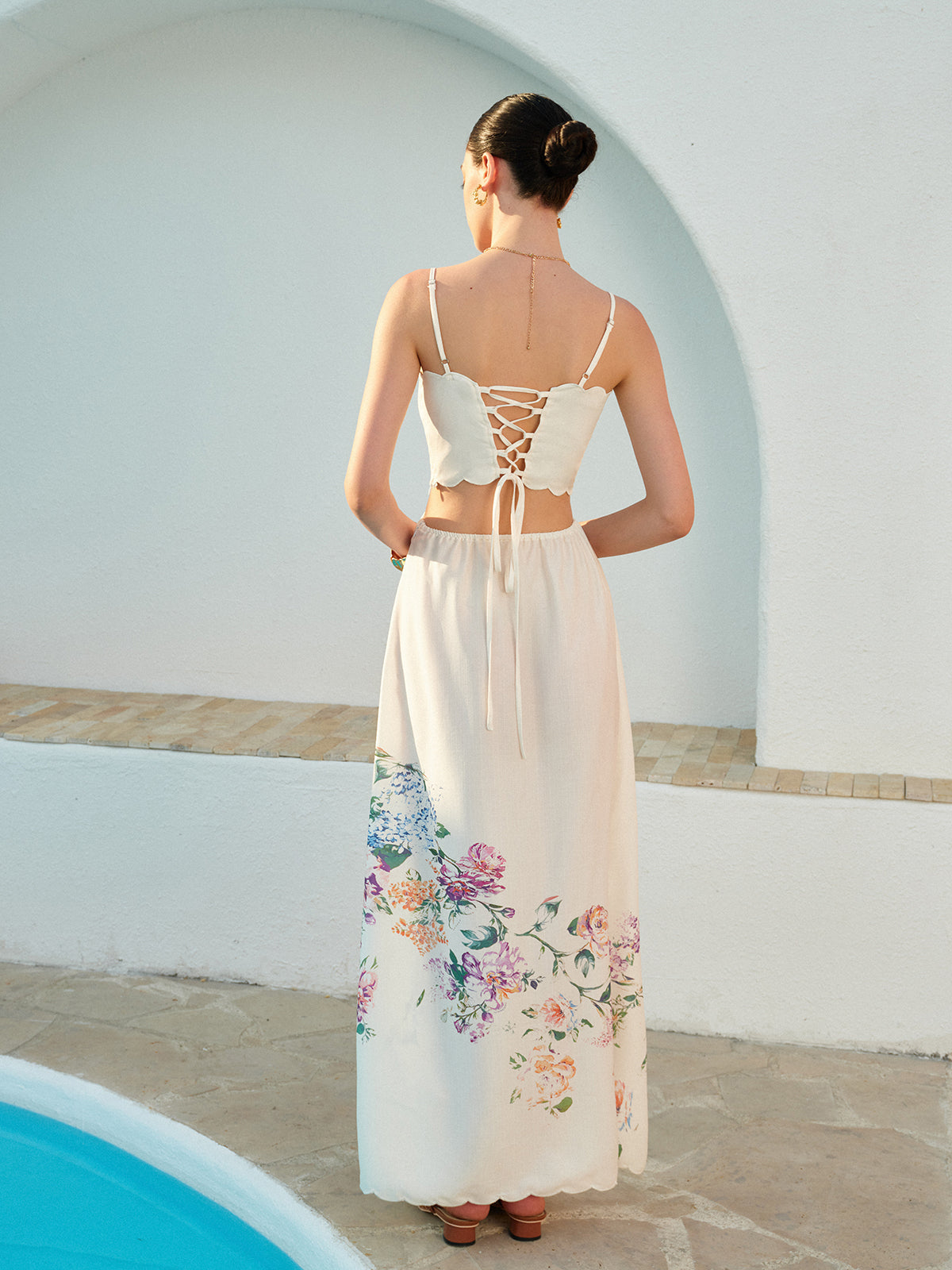 Womens Maxi Dress with Floral Print, Lace-Up Back and Scalloped Hem