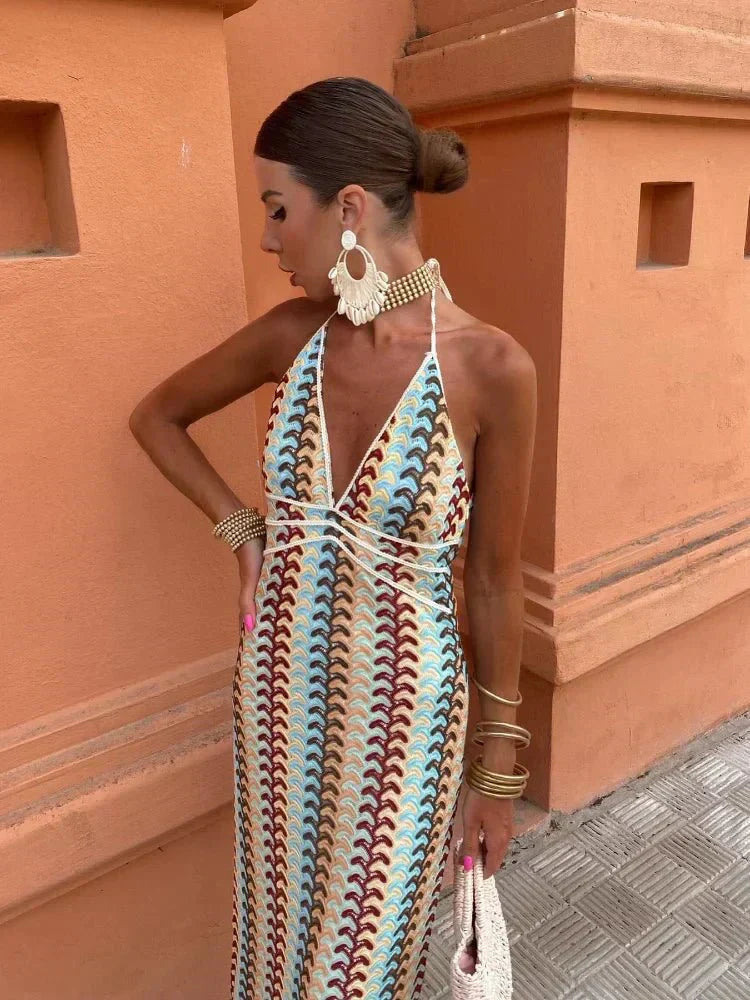 Womens Maxi Dress with Halter Neck and Crochet-Look Wave Pattern
