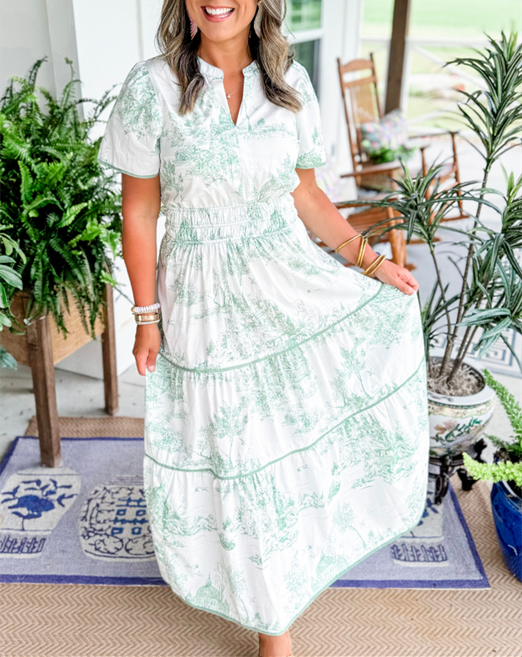 Womens Maxi Dress with Toile Print, Smocked Waist and Puff Sleeves