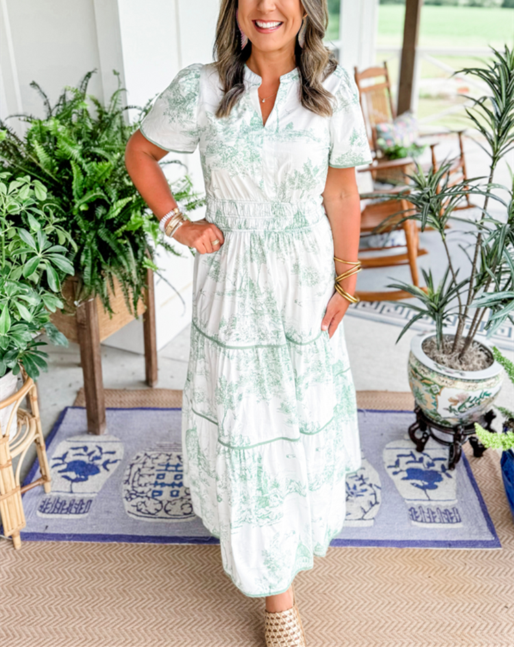 Womens Maxi Dress with Toile Print, Smocked Waist and Puff Sleeves