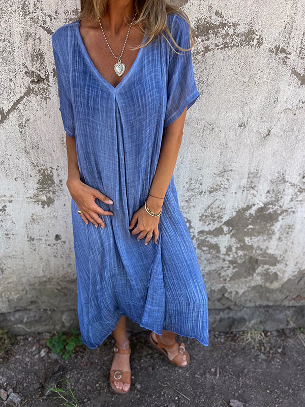 Womens Maxi Dress with V-Neck, Front Pleat and Asymmetric Hem