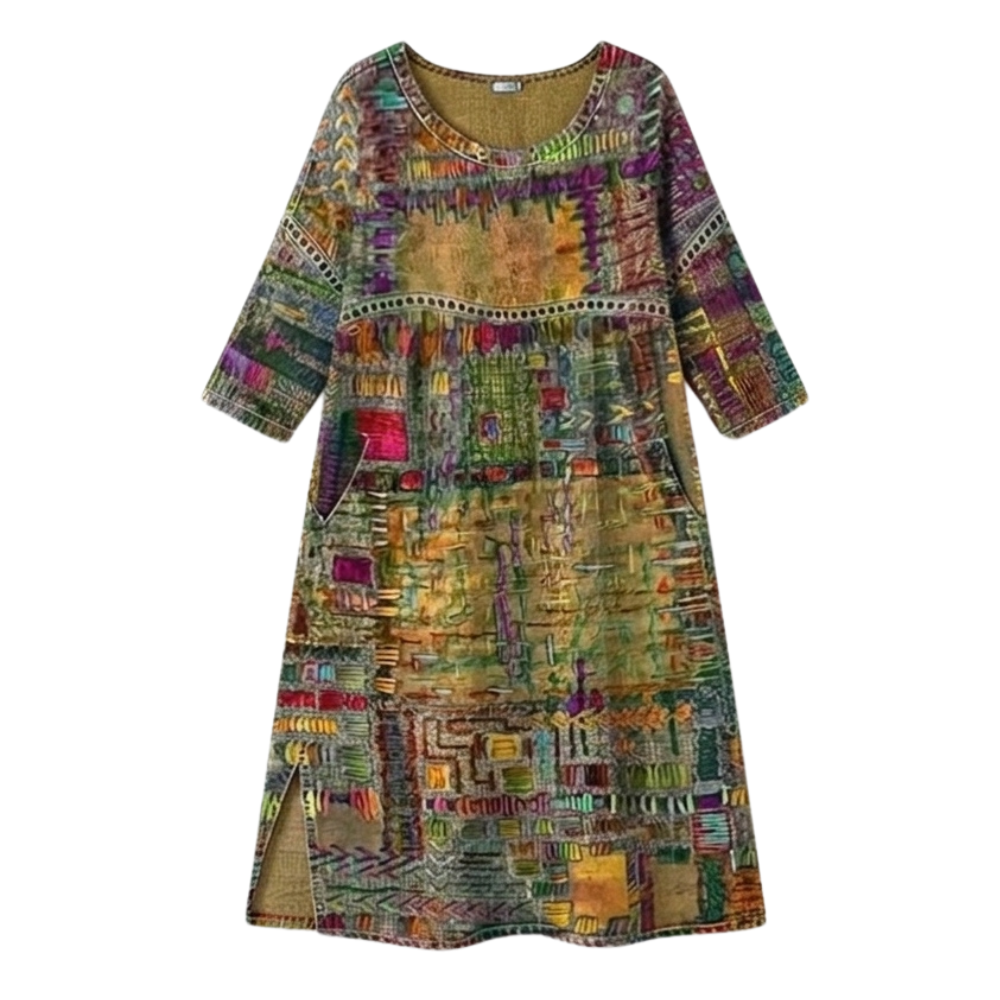 Womens Midi Dress with Boho Patchwork Print and Deep Side Pockets