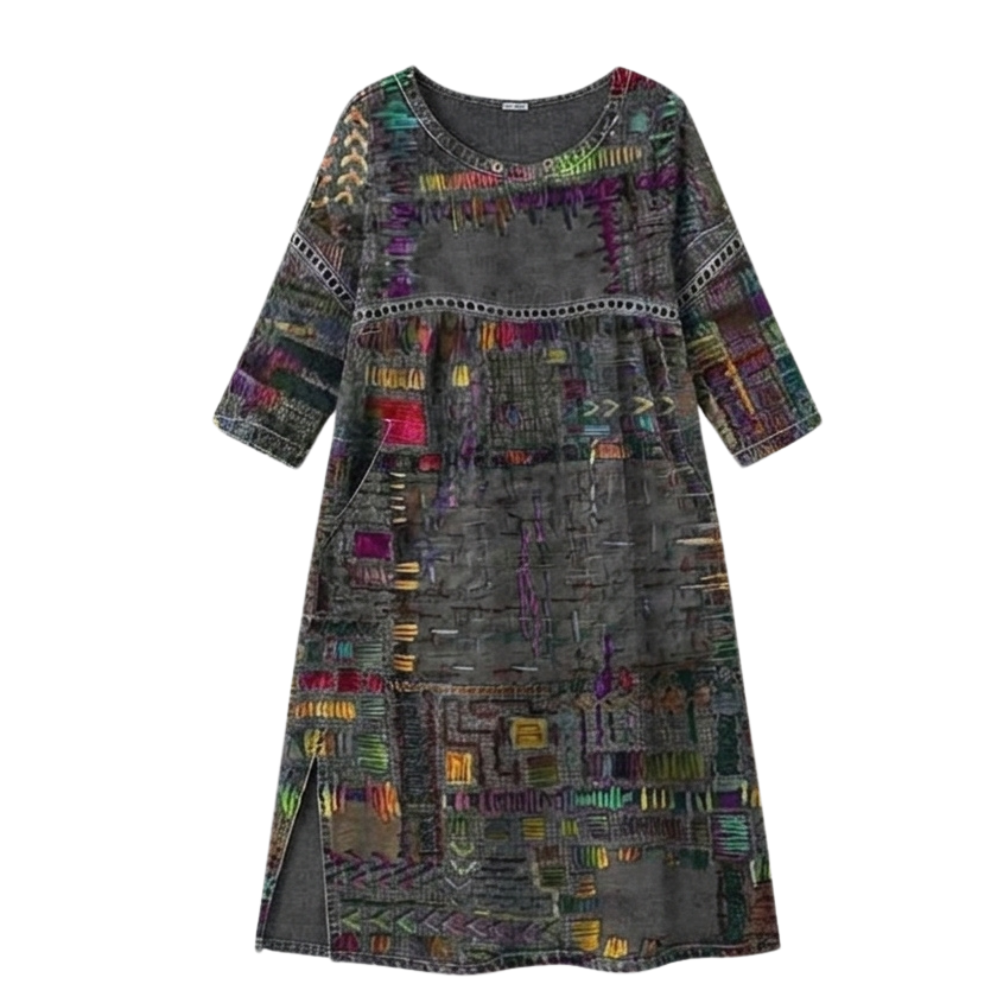 Womens Midi Dress with Boho Patchwork Print and Deep Side Pockets
