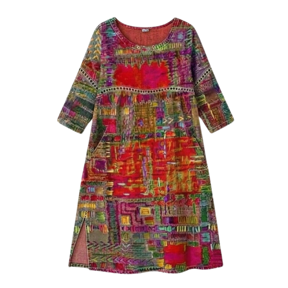 Womens Midi Dress with Boho Patchwork Print and Deep Side Pockets