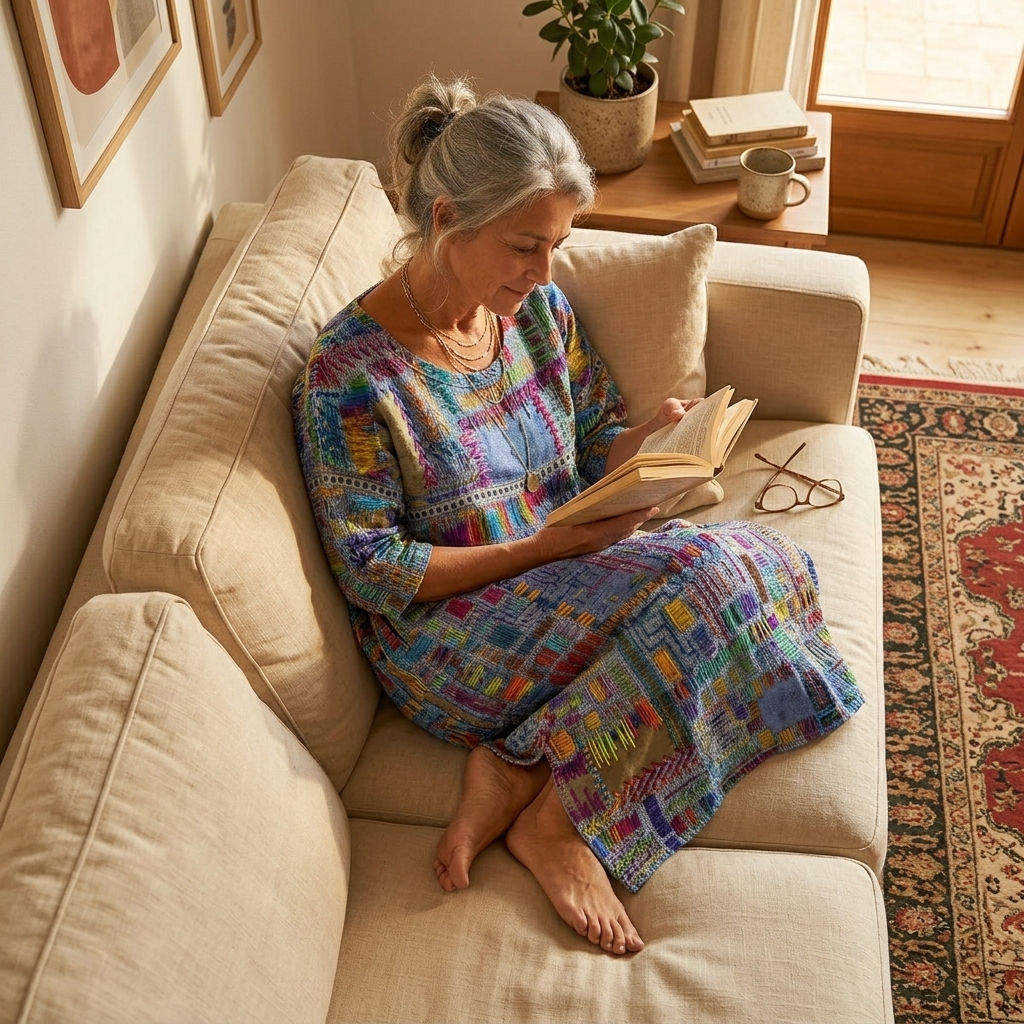 Womens Midi Dress with Boho Patchwork Print and Deep Side Pockets