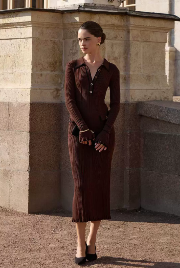 Womens Midi Dress with Polo Collar and Contrast Trim in Ribbed Knit