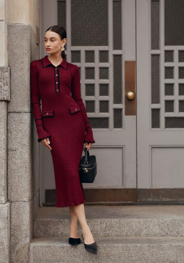 Womens Midi Dress with Polo Collar and Contrast Trim in Ribbed Knit