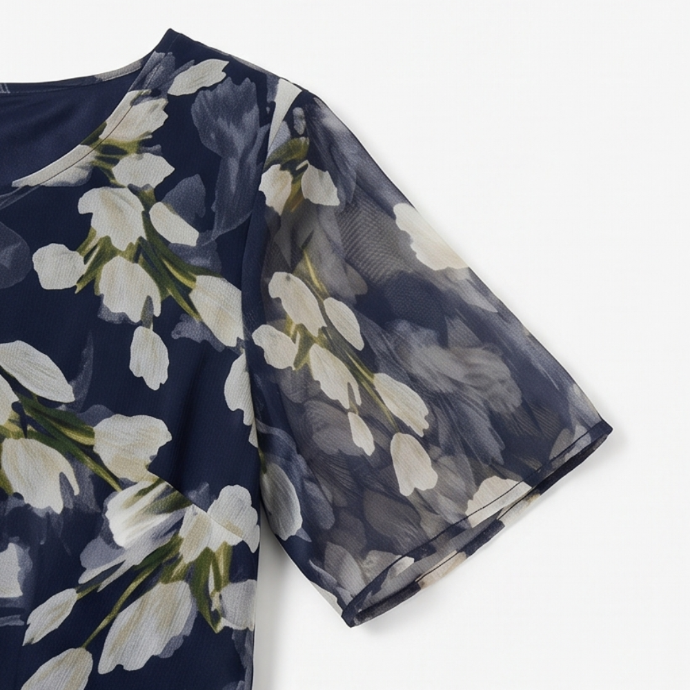 Womens Midi Dress with Floral Print and Chiffon-Look Sheer Sleeves