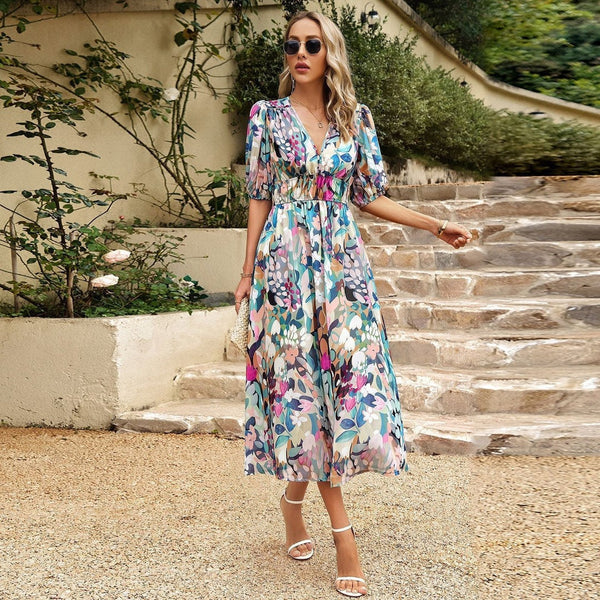 Womens Midi Dress with Puff Sleeves in Lightweight Polyester Blend