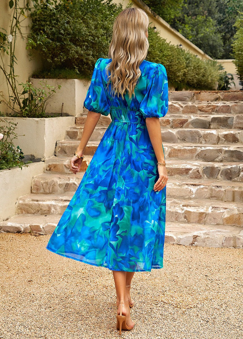 Womens Midi Dress with Puff Sleeves in Lightweight Polyester Blend