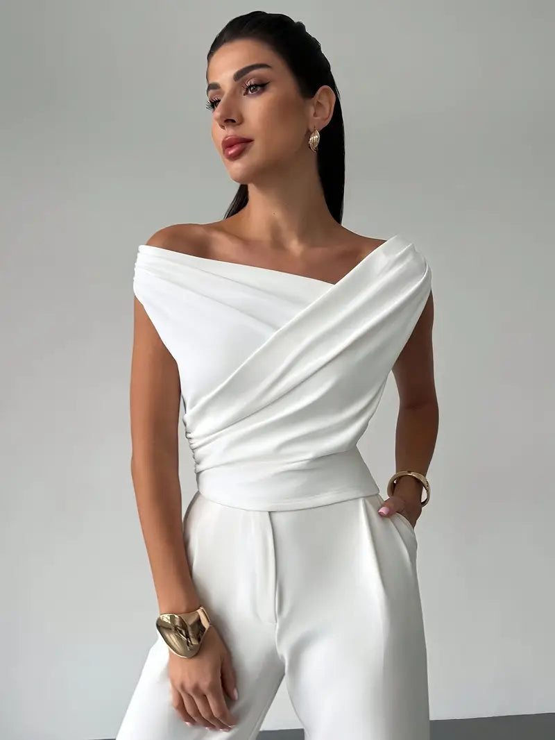 Womens Going Out Top with Draped Neckline in Polyester Blend