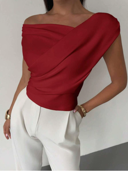 Womens Going Out Top with Draped Neckline in Polyester Blend