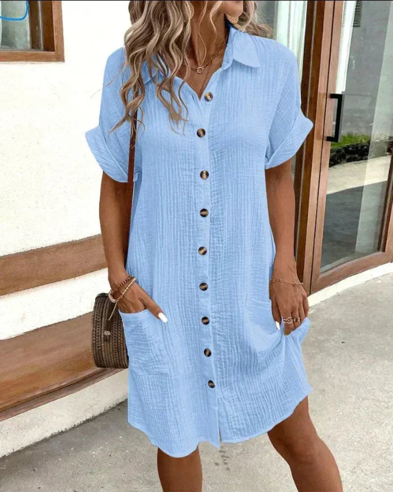 Womens Shirt Dress with Patch Pockets and a Crinkled Muslin Look