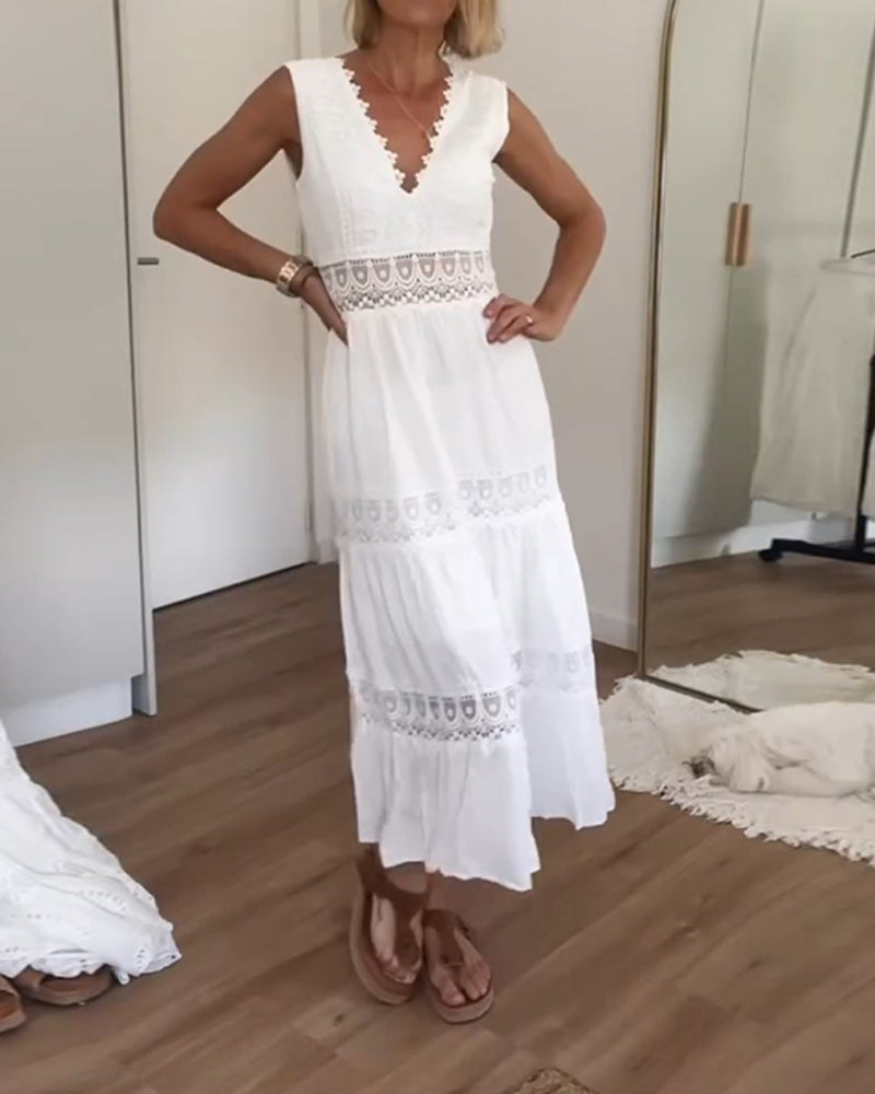 Womens Tank Dress with V-Neck and Lace Trim in Cotton Blend