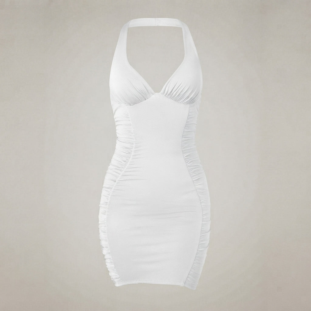 Womens Summer Dress with Ruched Open Back in Stretch Fabric