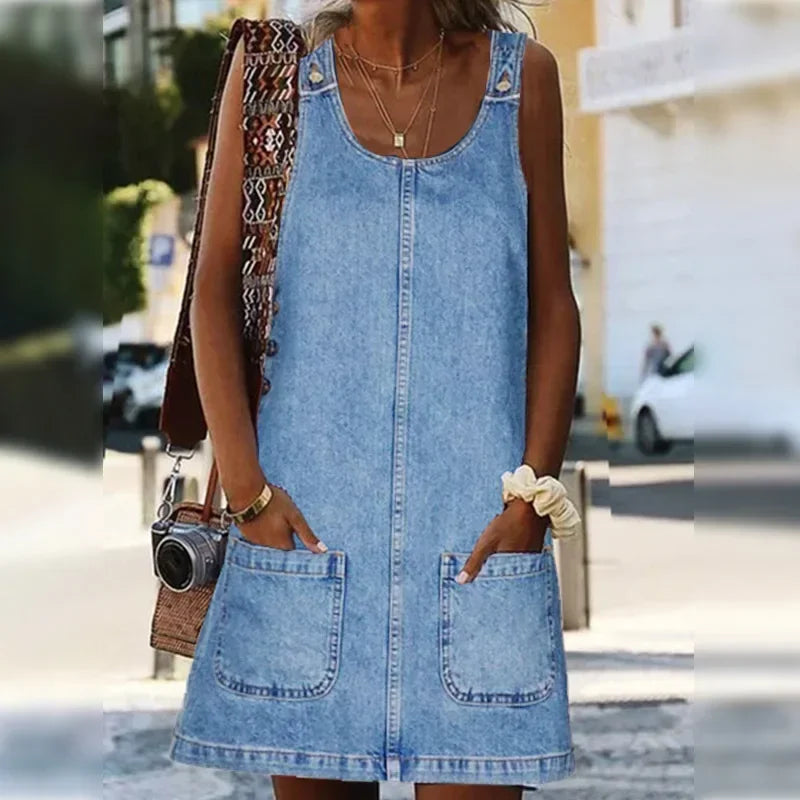 Womens Summer Dress in Denim with Patch Pockets and Wide Straps
