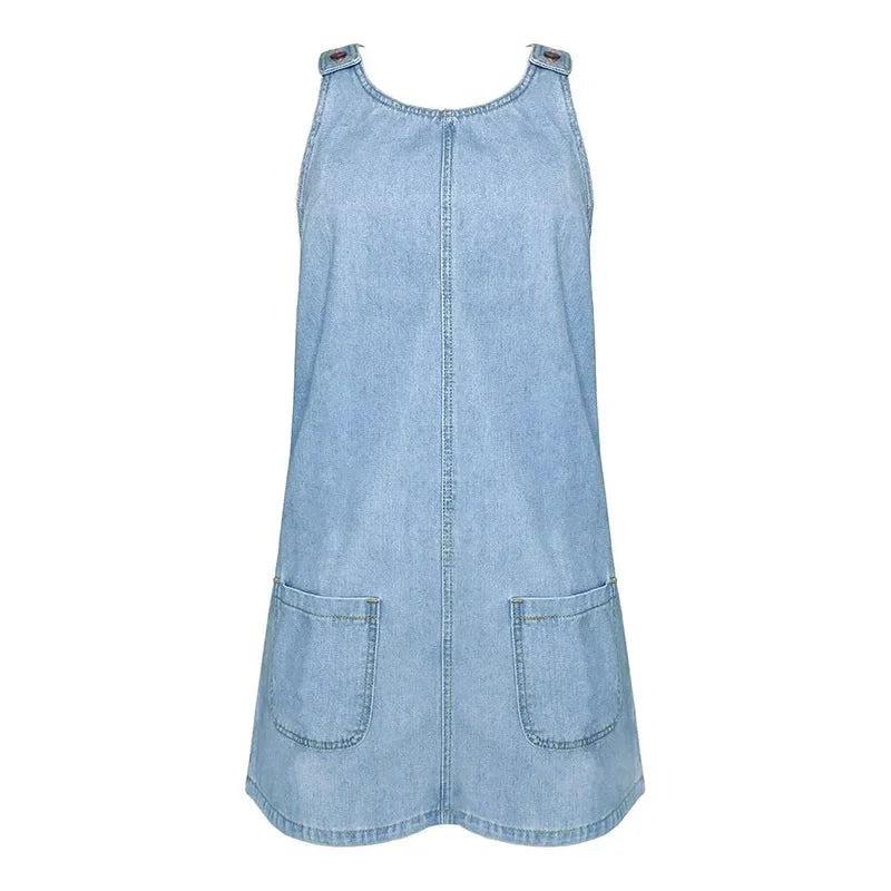 Womens Summer Dress in Denim with Patch Pockets and Wide Straps