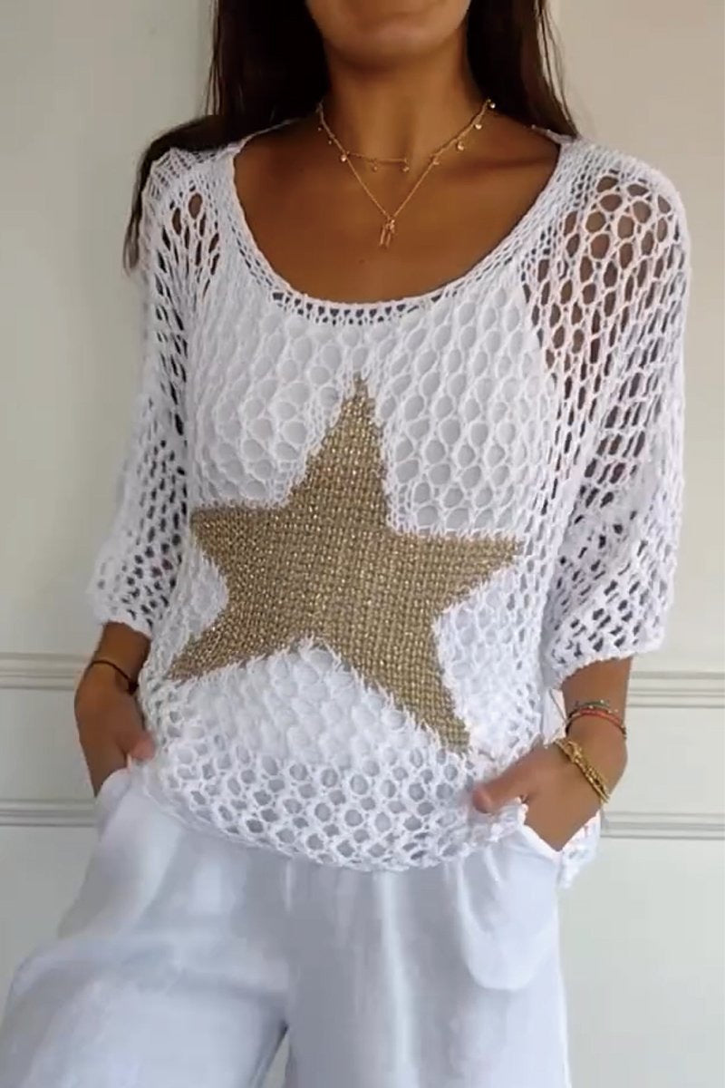 Womens Summer Top with Star Motif in Oversized Open Crochet Knit