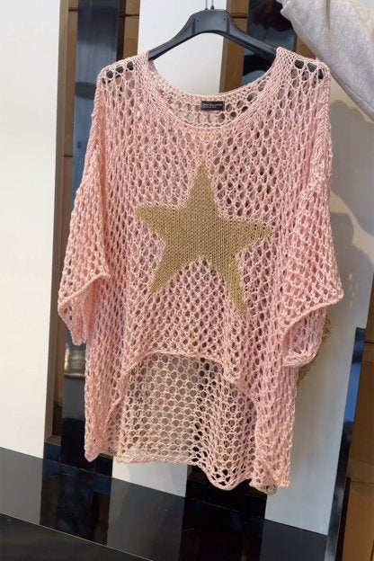 Womens Summer Top with Star Motif in Oversized Open Crochet Knit
