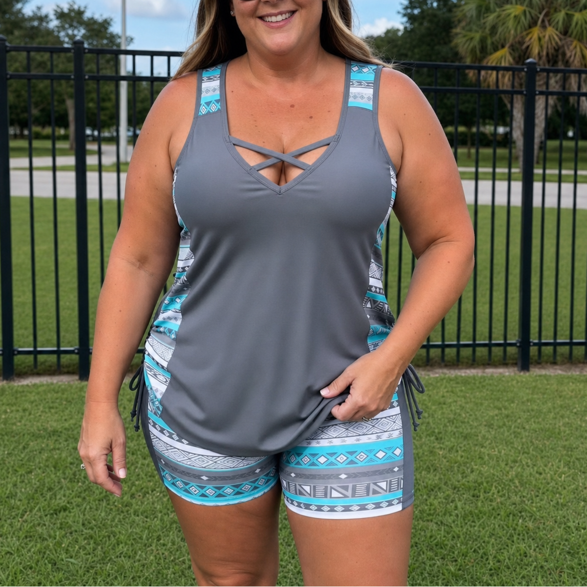 Womens Two Piece Swimsuit with Crisscross Neck and Drawstring Sides