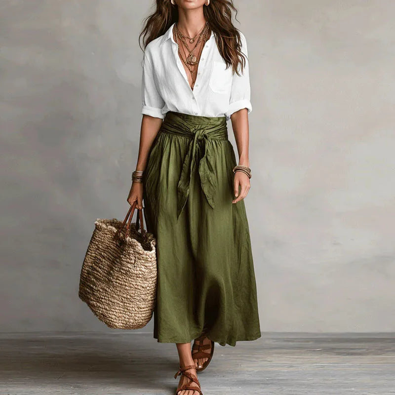 Womens Two Piece Skirt Set with Collared Blouse and High Tie Waist