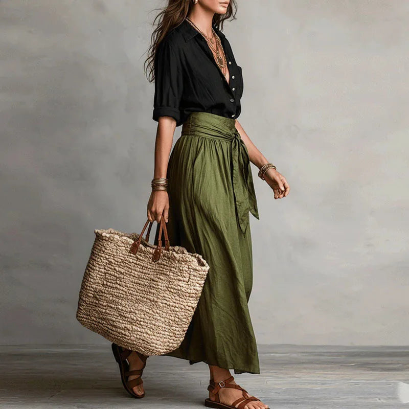 Womens Two Piece Skirt Set with Collared Blouse and High Tie Waist