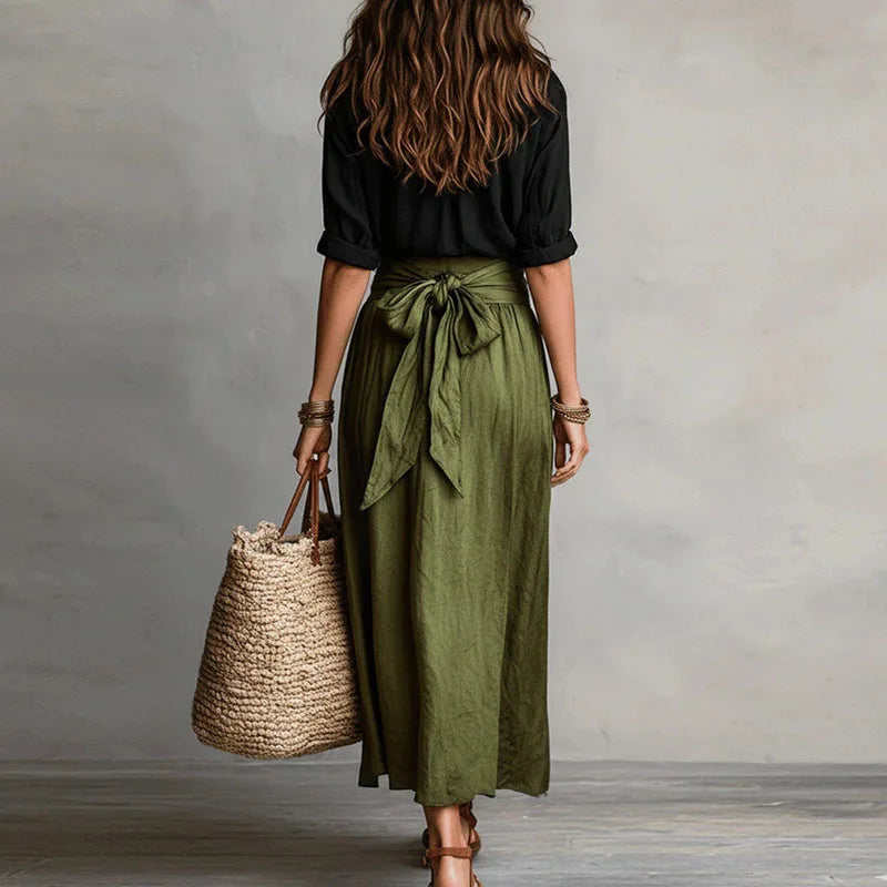Womens Two Piece Skirt Set with Collared Blouse and High Tie Waist