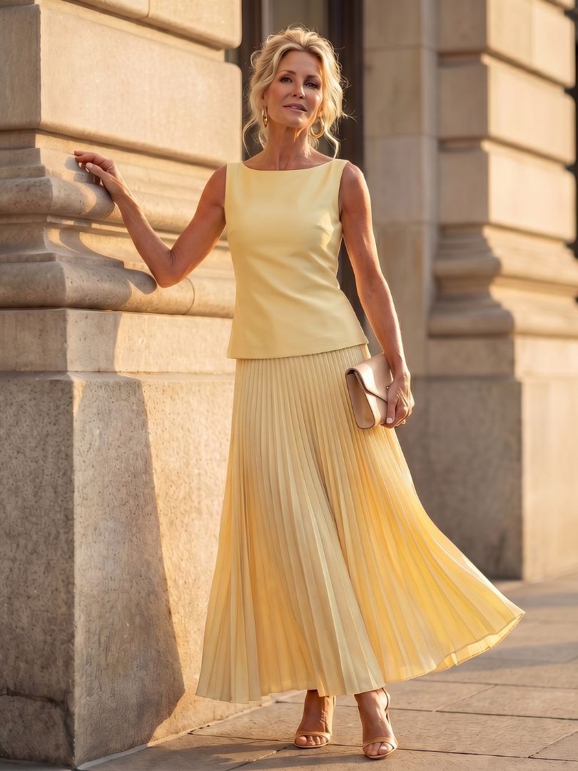 Womens Two Piece Skirt Set with Boat Neck Top and Pleated Maxi Skirt