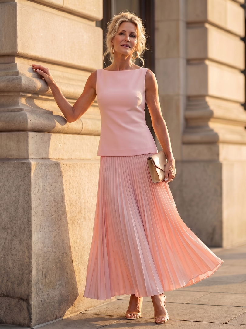 Womens Two Piece Skirt Set with Boat Neck Top and Pleated Maxi Skirt