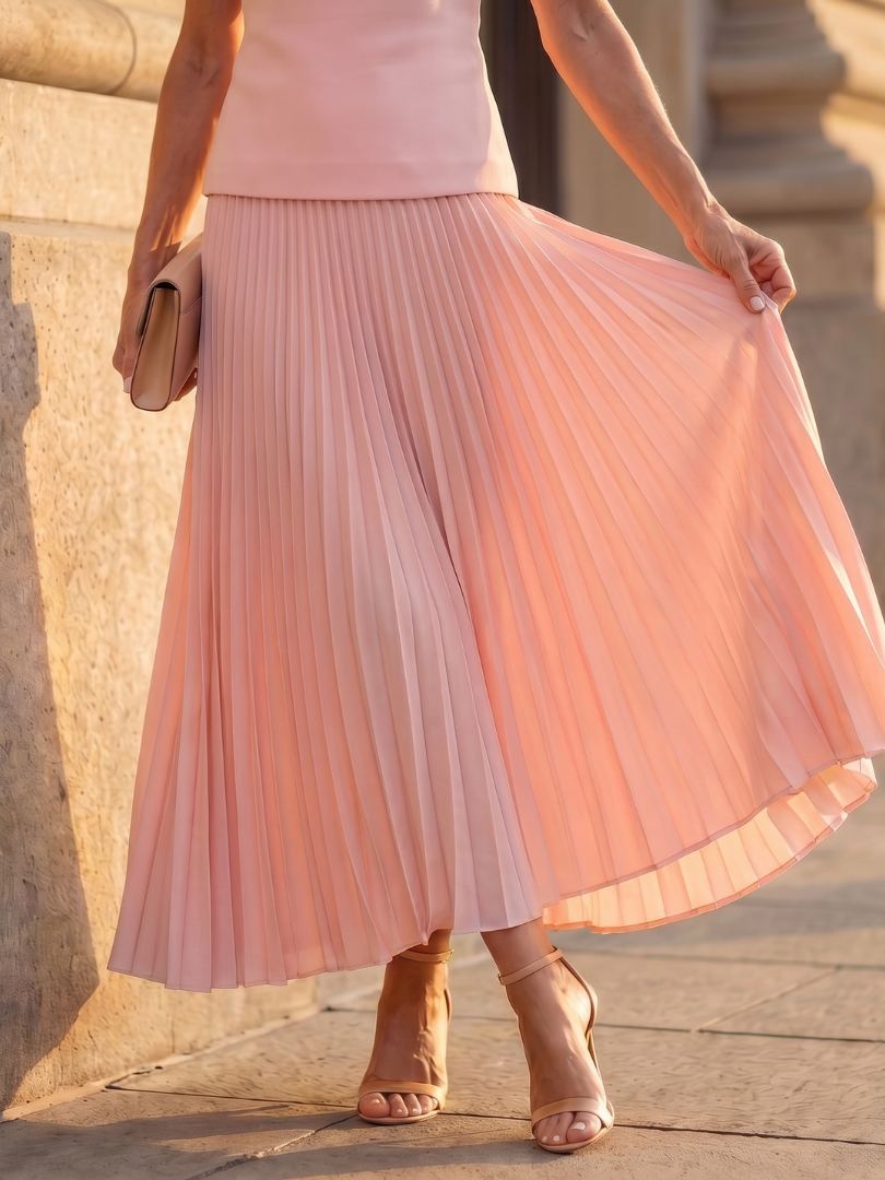 Womens Two Piece Skirt Set with Boat Neck Top and Pleated Maxi Skirt