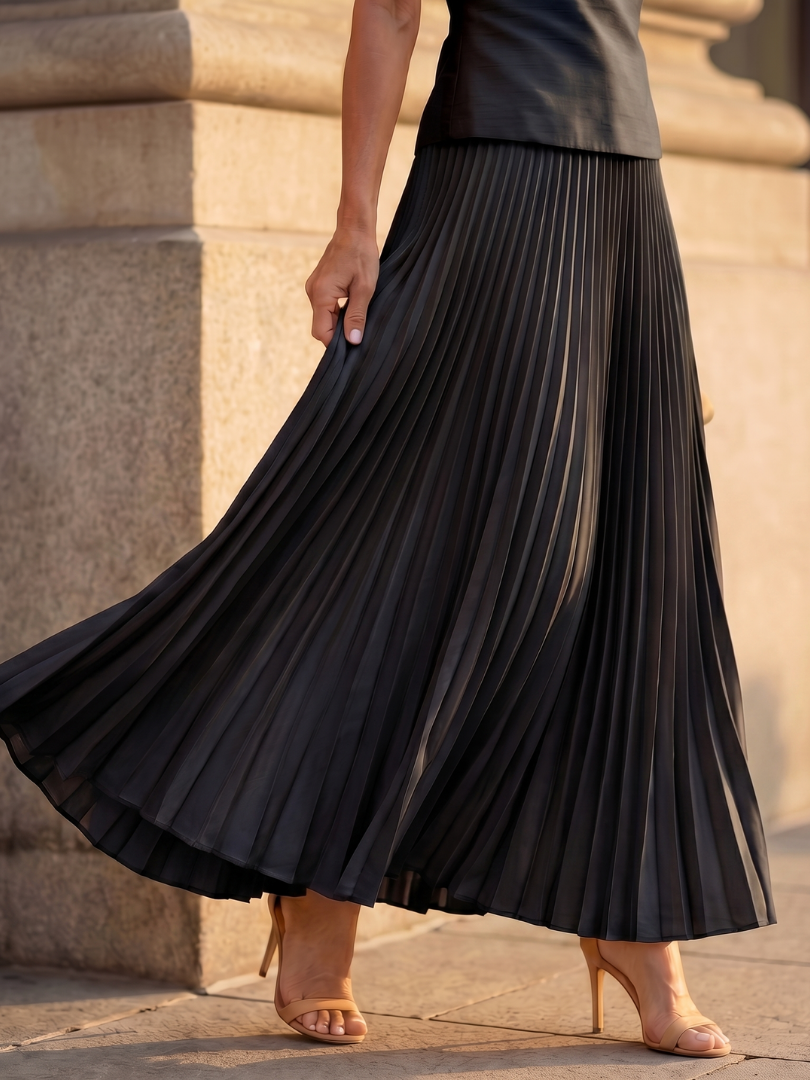 Womens Two Piece Skirt Set with Boat Neck Top and Pleated Maxi Skirt