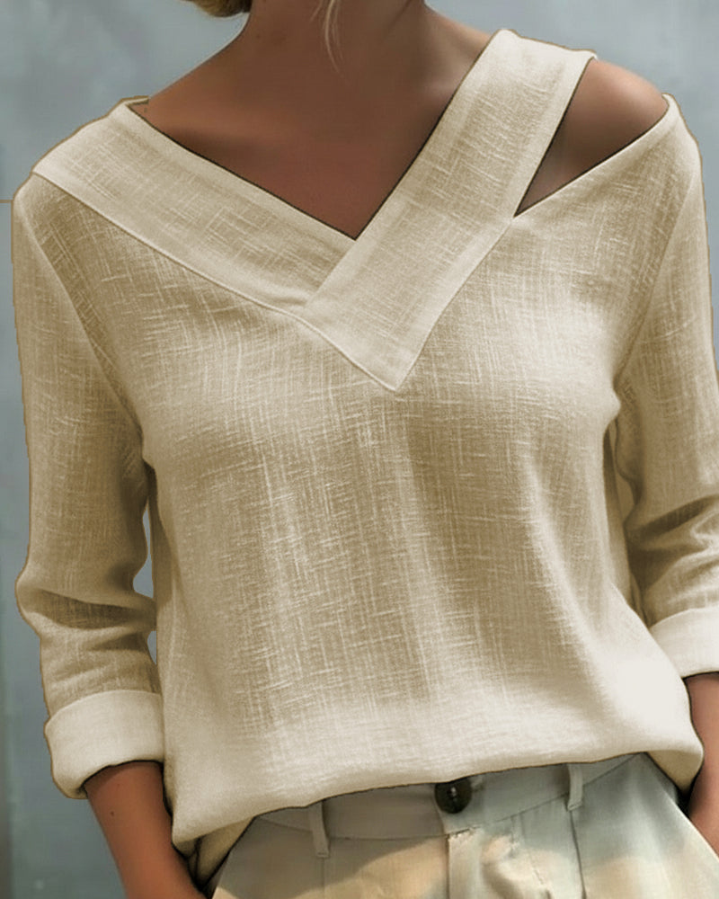 Womens Long Sleeve Top with Asymmetric V-Neck in Linen-Look Fabric