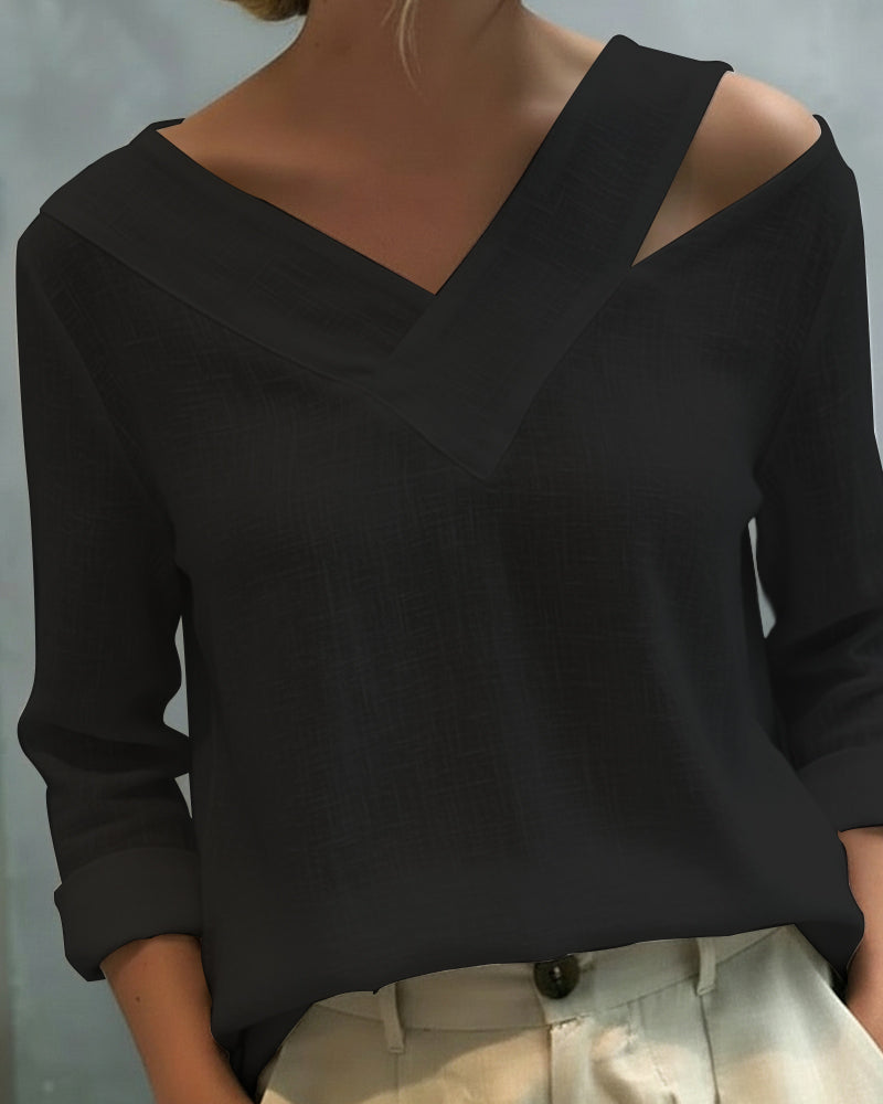 Womens Long Sleeve Top with Asymmetric V-Neck in Linen-Look Fabric