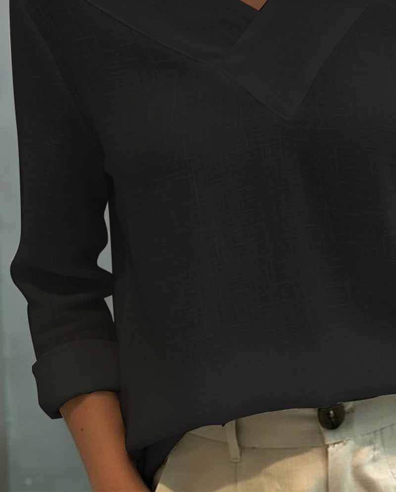 Womens Long Sleeve Top with Asymmetric V-Neck in Linen-Look Fabric