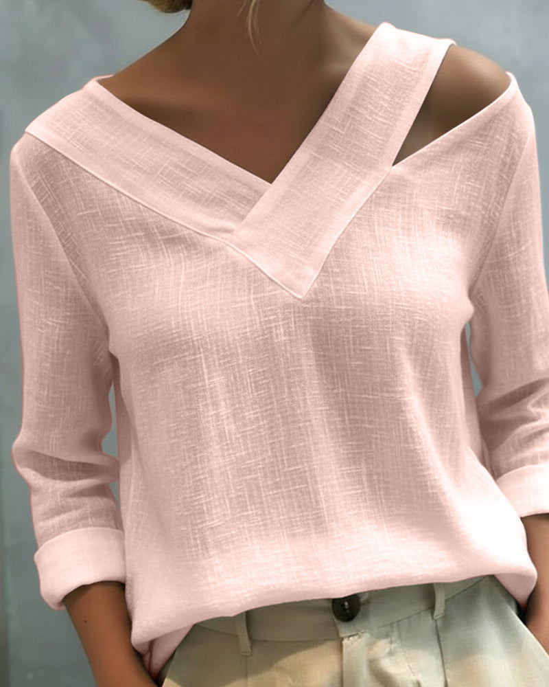 Womens Long Sleeve Top with Asymmetric V-Neck in Linen-Look Fabric