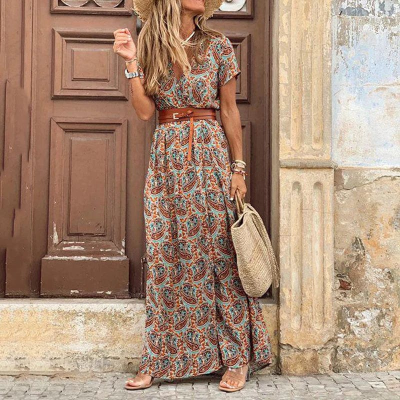 Boho-style maxi dress with paisley pattern and belt 0