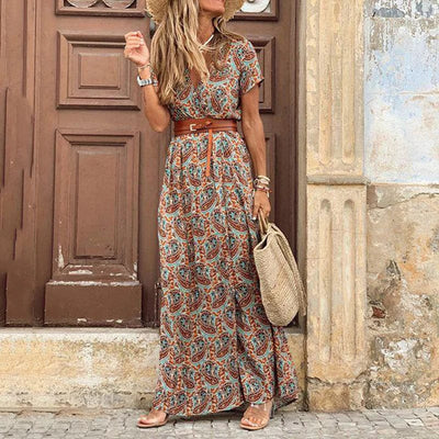 Boho-style maxi dress with paisley pattern and belt 0