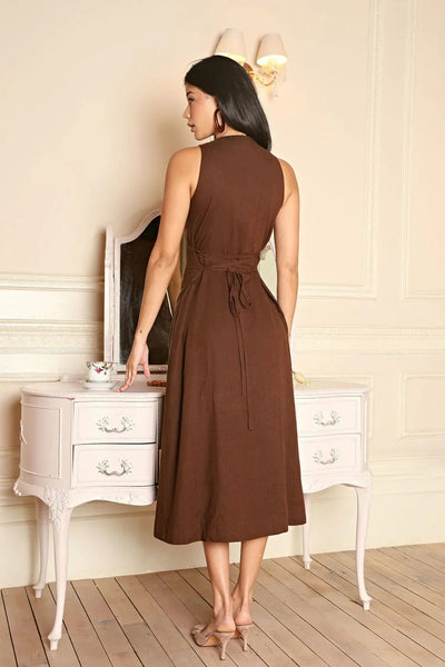 Crystal | Sleeveless button-up brown linen midi dress with a figure-hugging fit 3
