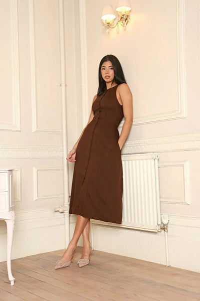 Crystal | Sleeveless button-up brown linen midi dress with a figure-hugging fit 4